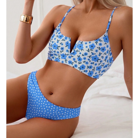 Floral Polka Dot Print Bikini Swimsuit Beach Set - Picture 1 of 12
